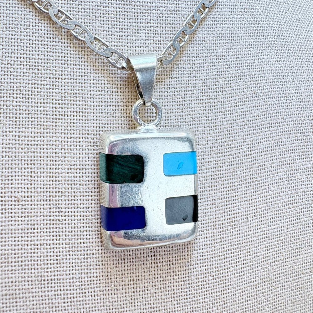 Sterling Silver 925 Multi Gemstone Southwestern Pendant Necklace Size 23" Length
